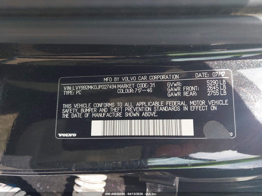 2018 Volvo S90 VIN LVY992MK0JP027494 IAAI salvage auction — FRONT END, Salvage Title, sold $7,500 on 2026-07-08 (photo 9)
