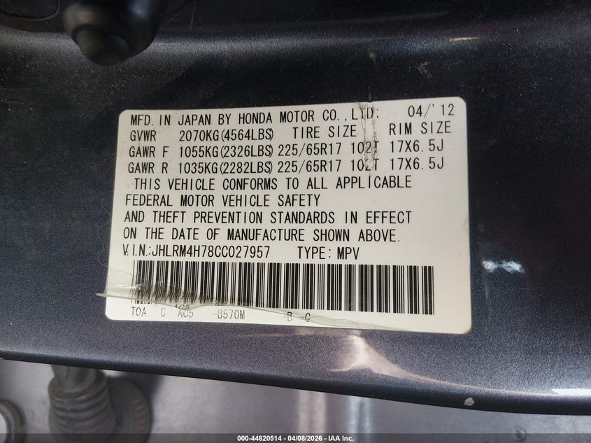 2012 Honda Cr-v VIN JHLRM4H78CC027957 IAAI salvage auction — FRONT END, Salvage Title, sold $2,050 on 2026-07-09 (photo 9)