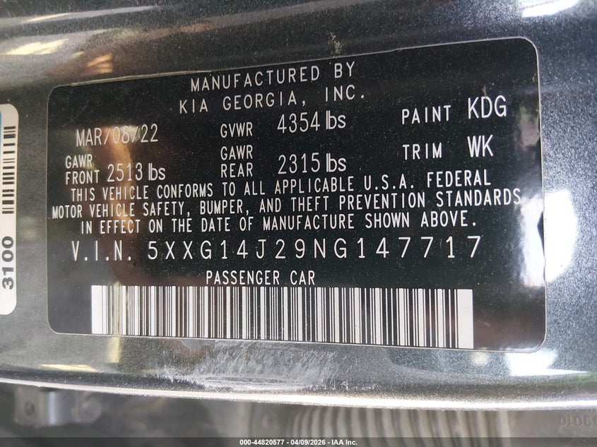 2022 Kia K5 VIN 5XXG14J29NG147717 IAAI salvage auction — LEFT FRONT, Salvage Title, sold $1,900 on 2026-07-22 (photo 9)