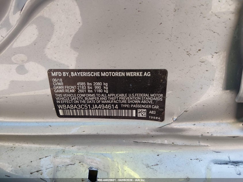 2018 BMW 3er VIN WBA8A3C51JA494614 IAAI salvage auction — LEFT SIDE, Salvage (Texas), sold $3,200 on 2026-07-30 (photo 9)