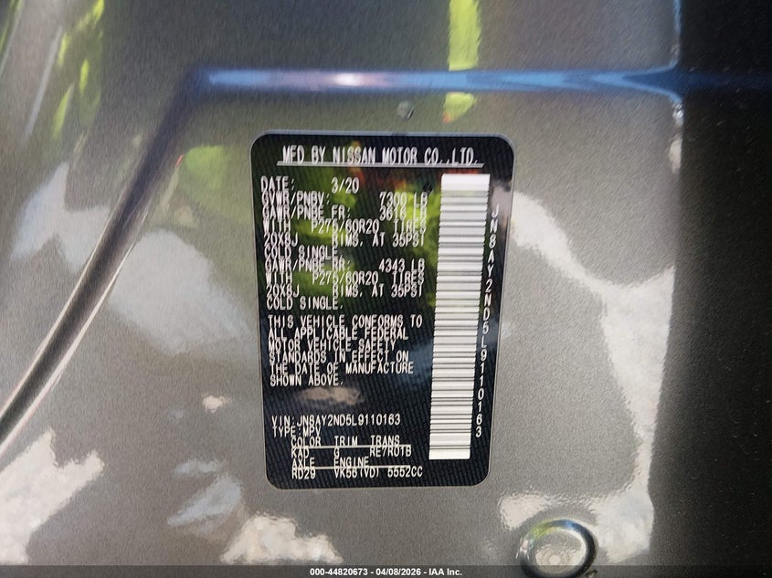 2020 Nissan Armada VIN JN8AY2ND5L9110163 IAAI salvage auction — FRONT END, Salvage Title, sold $6,125 on 2026-07-30 (photo 9)