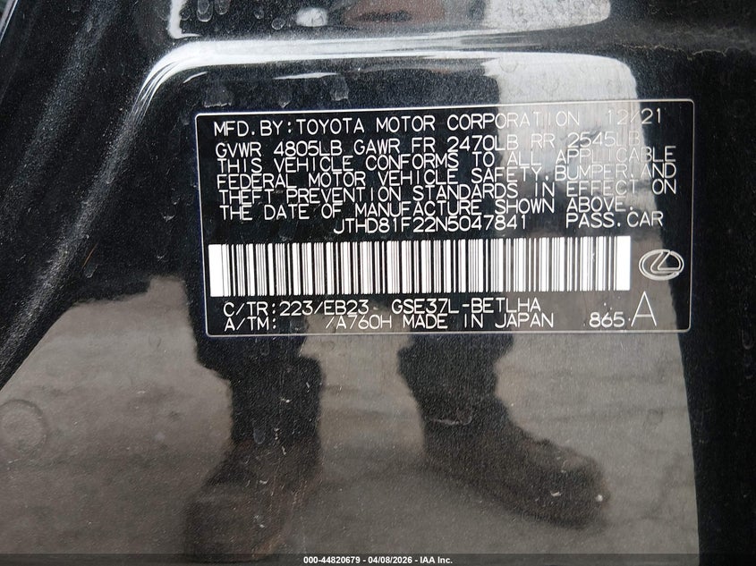 2022 Lexus Is VIN JTHD81F22N5047841 IAAI salvage auction — FRONT END, Salvage (Illinois), sold $9,100 on 2026-07-14 (photo 9)