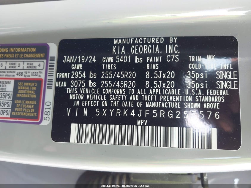 2024 Kia Sorento VIN 5XYRK4JF5RG257576 IAAI salvage auction — FRAME DAMAGE, Salvage Title, sold $12,600 on 2026-07-29 (photo 9)