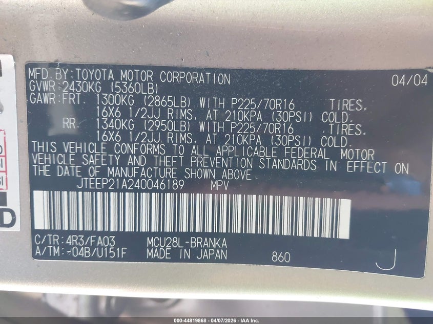 2004 Toyota Highlander VIN JTEEP21A240046189 IAAI salvage auction — FRONT END, Salvage (Texas), sold $925 on 2026-07-30 (photo 9)