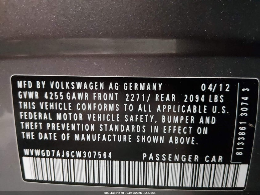 2012 Volkswagen Gti VIN WVWGD7AJ6CW307564 IAAI salvage auction — FRONT END, Salvage Title, sold $1,550 on 2026-07-10 (photo 9)