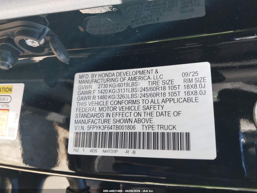 2026 Honda Ridgeline VIN 5FPYK3F64TB001806 IAAI salvage auction — FRONT END, Salvage Title, sold $15,700 on 2026-07-24 (photo 9)