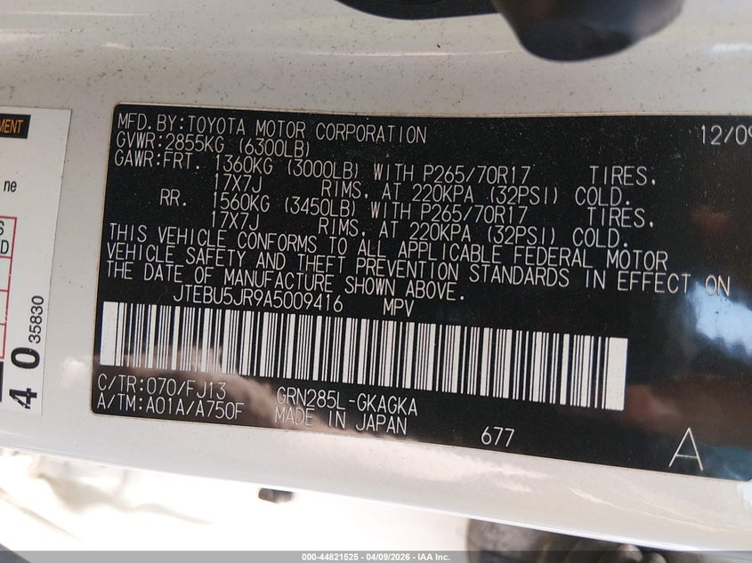 2010 Toyota 4runner VIN JTEBU5JR9A5009416 IAAI salvage auction — LEFT SIDE, Salvage (Ohio), sold $8,300 on 2026-07-16 (photo 9)