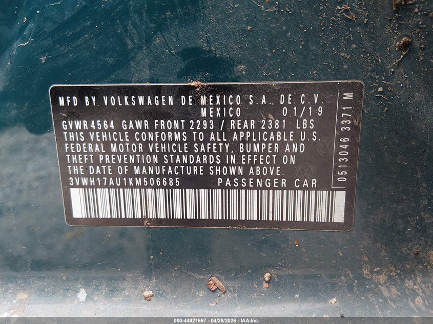2019 Volkswagen Golf VIN 3VWH17AU1KM506685 IAAI salvage auction — FRONT END, Salvage Title, sold $2,650 on 2026-07-24 (photo 9)