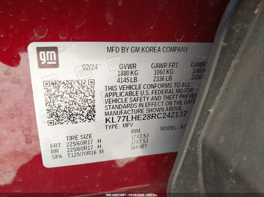 2024 Chevrolet Trax VIN KL77LHE28RC242137 IAAI salvage auction — FRONT END, Original (Texas), sold $25 on 2026-07-28 (photo 9)