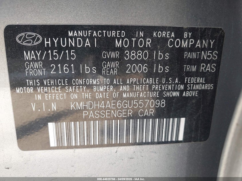 2016 Hyundai Elantra VIN KMHDH4AE6GU557098 IAAI salvage auction — BIO HAZARD, Salvage - Greater Than 75% (Maryland), sold $525 on 2026-07-14 (photo 9)