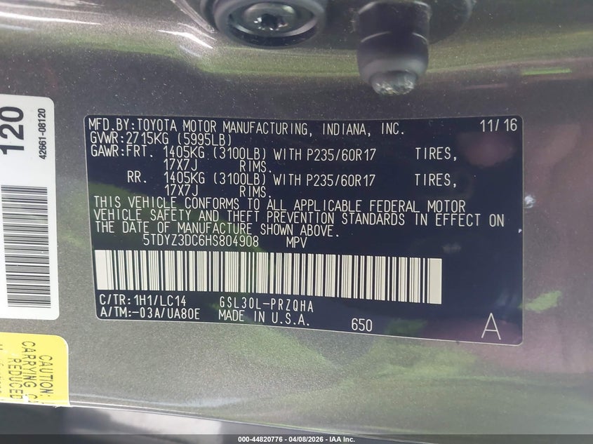 2017 Toyota Sienna VIN 5TDYZ3DC6HS804908 IAAI salvage auction — FRONT END, Salvage Title, sold $3,950 on 2026-07-30 (photo 9)