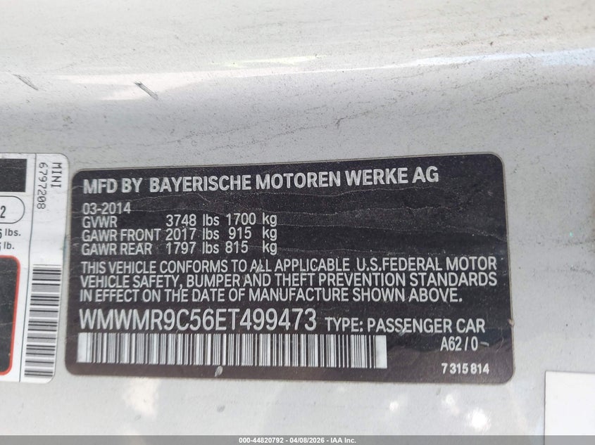 2014 Mini Convertible VIN WMWMR9C56ET499473 IAAI salvage auction — FRONT END, Salvage Title, sold $1,275 on 2026-07-10 (photo 9)