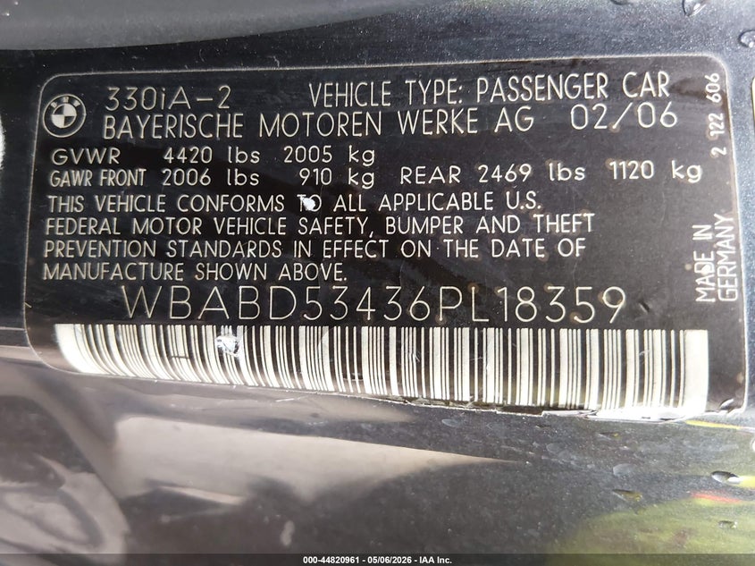 2006 BMW 3er VIN WBABD53436PL18359 IAAI salvage auction — SIDE, Salvage (Hawaii), sold $1,925 on 2026-08-18 (photo 9)