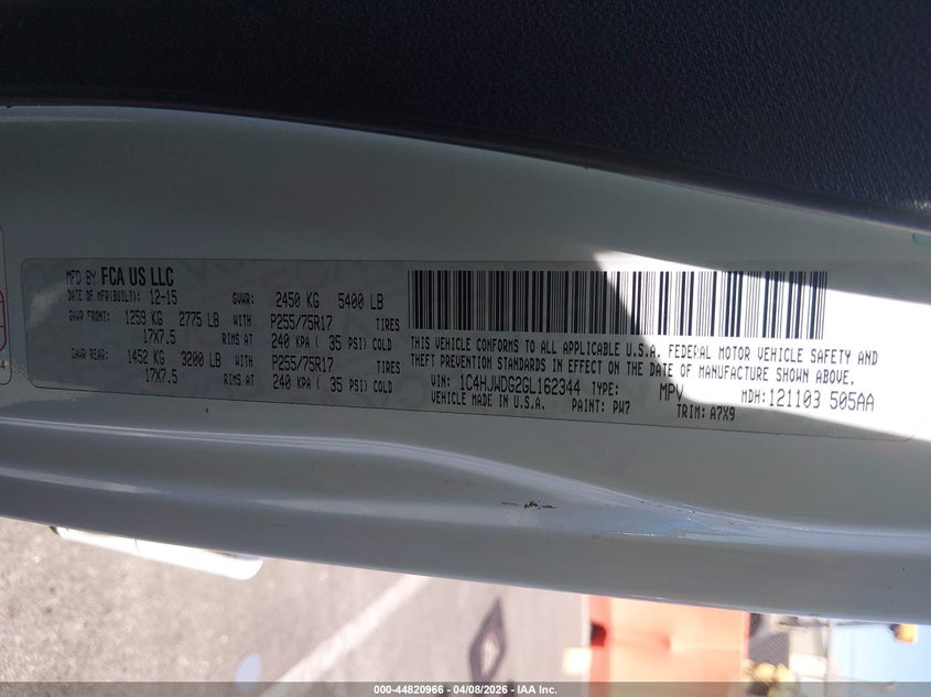 2016 Jeep Wrangler / VIN 1C4HJWDG2GL162344 IAAI salvage auction — LEFT REAR, Salvage (Nevada), sold $5,900 on 2026-07-24 (photo 9)