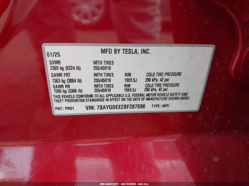2025 Tesla Model y VIN 7SAYGDEE2SF287696 IAAI salvage auction — FRONT END, Wait Title, sold $12,600 on 2026-07-23 (photo 9)