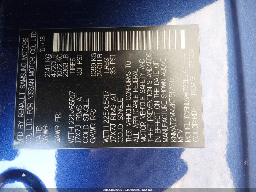 2019 Nissan Rogue VIN KNMAT2MV2KP517937 IAAI salvage auction — FRONT END, Salvage Title, sold $1,550 on 2026-07-16 (photo 9)