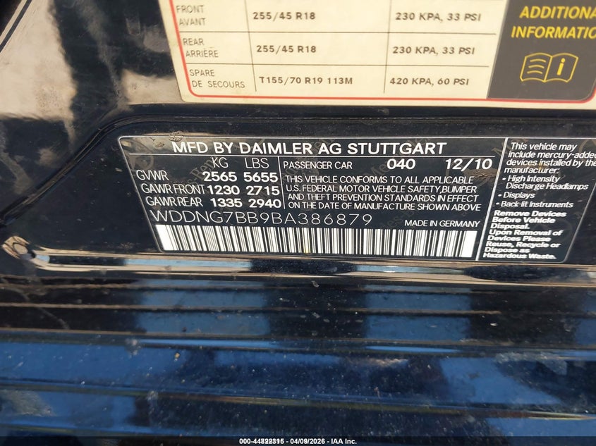 2011 Mercedes-benz S-klasse VIN WDDNG7BB9BA386879 IAAI salvage auction — FRONT END, Original (Texas), sold $725 on 2026-08-12 (photo 9)