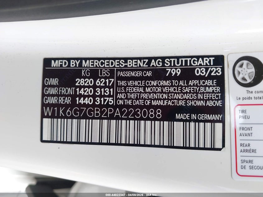 2023 Mercedes-benz S-klasse VIN W1K6G7GB2PA223088 IAAI salvage auction — FRONT END, Salvage Title, sold $40,200 on 2026-07-13 (photo 9)