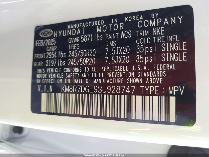 2025 Hyundai Palisade VIN KM8R7DGE9SU928747 IAAI salvage auction — VANDALISM, Salvage (Texas), sold $21,150 on 2026-07-10 (photo 9)