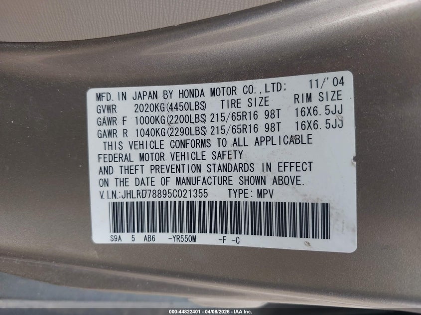 2005 Honda Cr-v VIN JHLRD78895C021355 IAAI salvage auction — RIGHT REAR, Original (Texas), sold $1,050 on 2026-07-23 (photo 9)