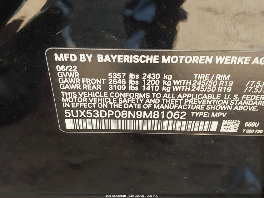 2022 BMW X3 VIN 5UX53DP08N9M81062 IAAI salvage auction — FRONT END, Salvage Title, sold $6,400 on 2026-07-20 (photo 9)