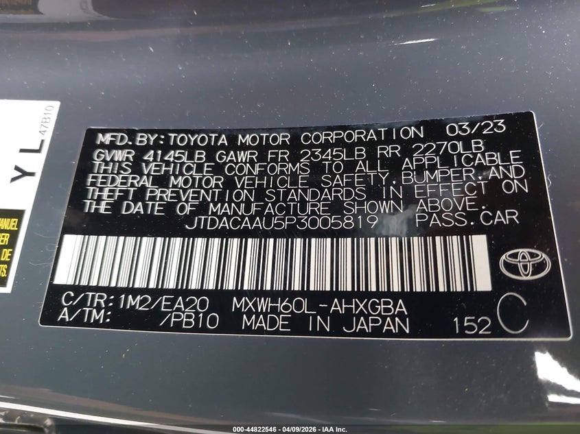 2023 Toyota Prius VIN JTDACAAU5P3005819 IAAI salvage auction — FRONT END, Salvage Title, sold $11,300 on 2026-07-08 (photo 9)