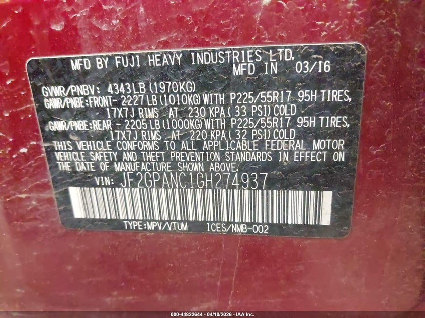 2016 Subaru Xv VIN JF2GPANC1GH274937 IAAI salvage auction — ROLLOVER, Salvage Title, sold $225 on 2026-07-28 (photo 9)