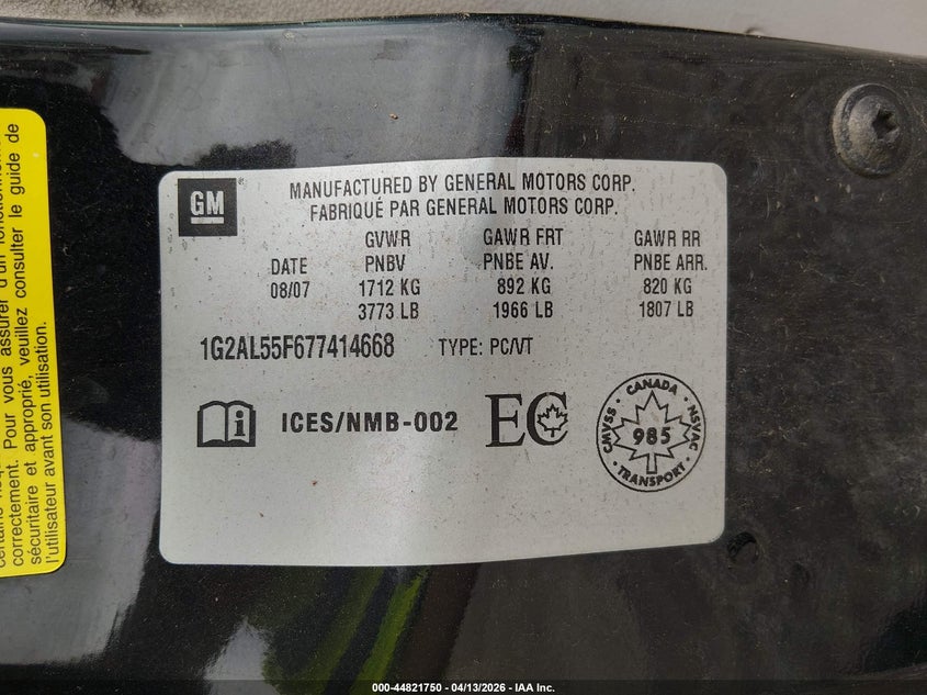 2007 Pontiac G5 VIN 1G2AL55F677414668 IAAI salvage auction — LEFT SIDE, Clear (Michigan), sold $200 on 2026-07-27 (photo 9)