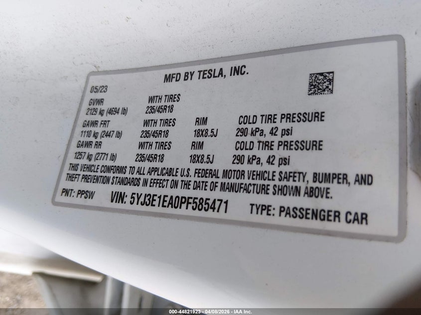 2023 Tesla Model 3 VIN 5YJ3E1EA0PF585471 IAAI salvage auction — FRONT END, Original (Texas), sold $9,000 on 2026-07-24 (photo 9)