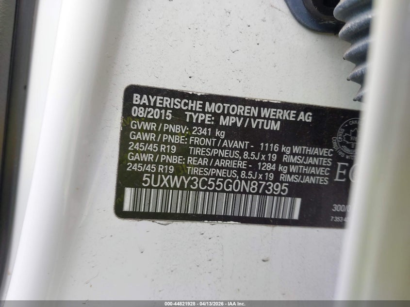 2016 BMW X3 VIN 5UXWY3C55G0N87395 IAAI salvage auction — FRONT END, Wait Title, sold $1,350 on 2026-08-01 (photo 9)