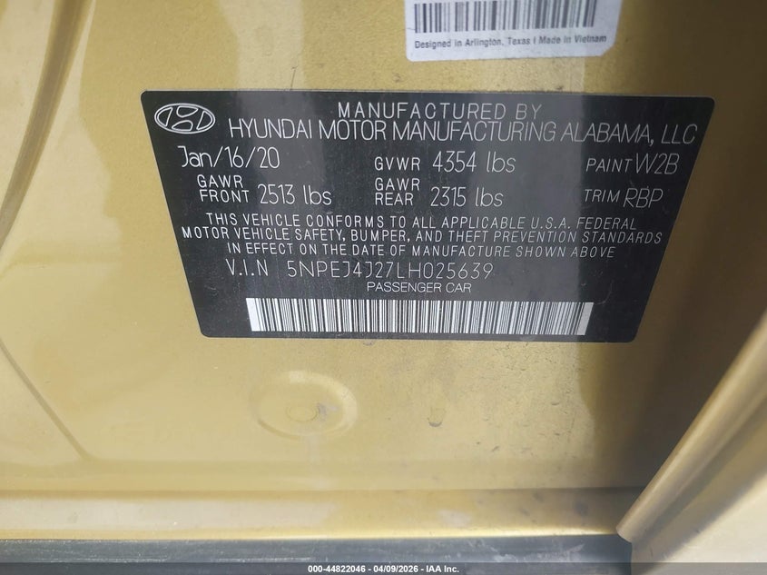 2020 Hyundai Sonata VIN 5NPEJ4J27LH025639 IAAI salvage auction — REAR END, Salvage Title, sold $4,700 on 2026-07-17 (photo 9)