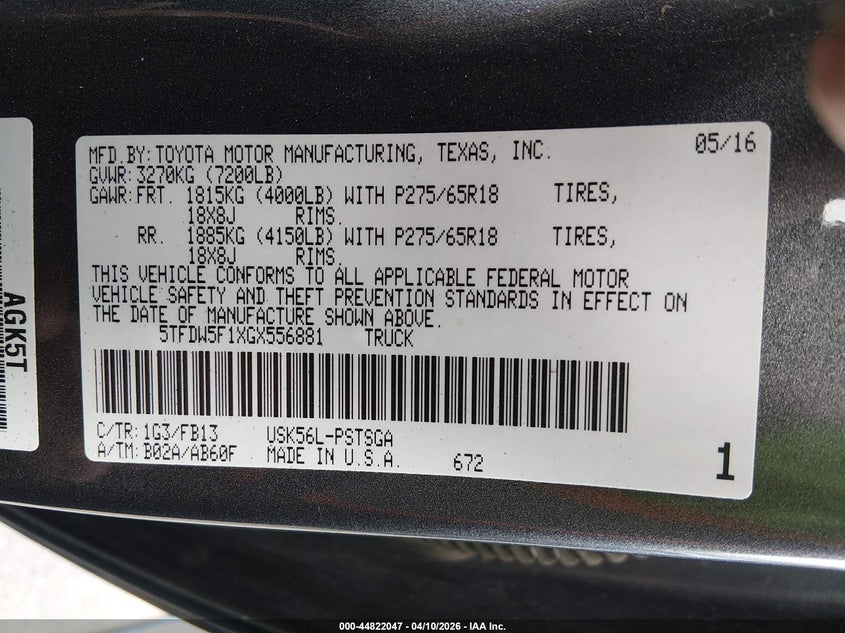 2016 Toyota Tundra VIN 5TFDW5F1XGX556881 IAAI salvage auction — REAR END, Salvage Title, sold $9,200 on 2026-07-16 (photo 9)