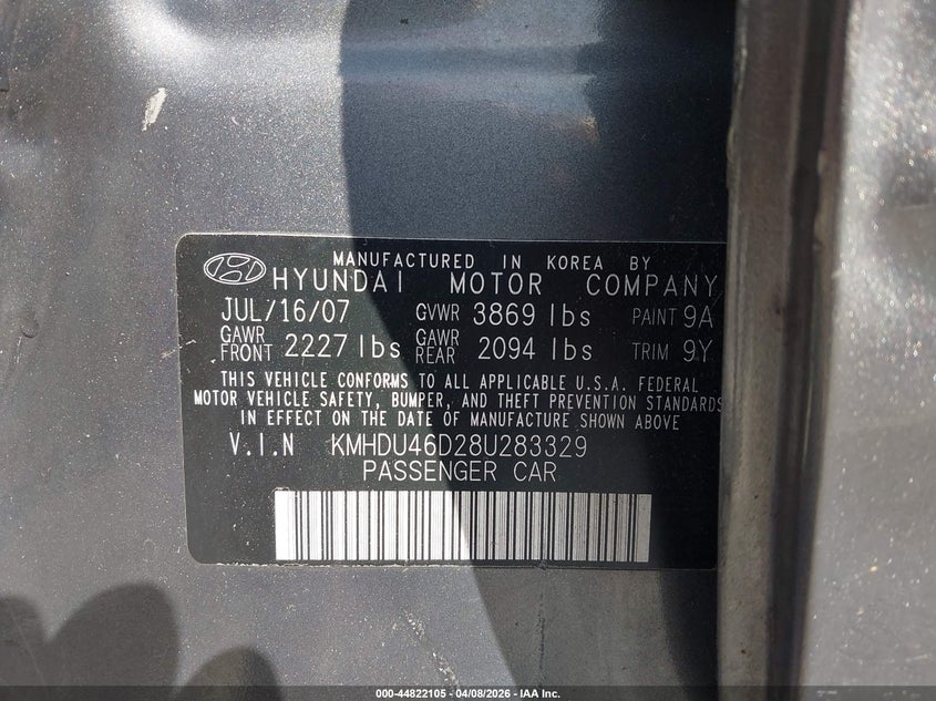 2008 Hyundai Elantra VIN KMHDU46D28U283329 IAAI salvage auction — LEFT SIDE, Salvage (Missouri), sold $200 on 2026-07-14 (photo 9)