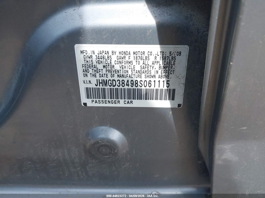 2008 Honda Fit VIN JHMGD38498S061115 IAAI salvage auction — FRONT END, Junk Bill Of Sale Mv2459 (Wisconsin), sold $400 on 2026-07-29 (photo 9)