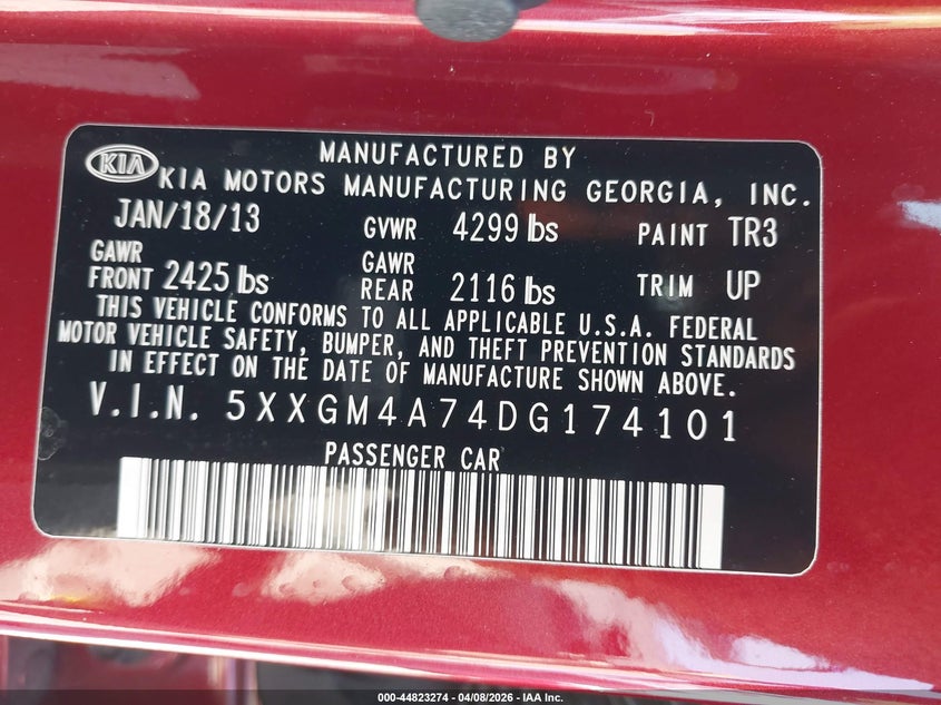 2013 Kia Optima VIN 5XXGM4A74DG174101 IAAI salvage auction — RIGHT SIDE, Salvage Title, sold $1,200 on 2026-07-07 (photo 9)