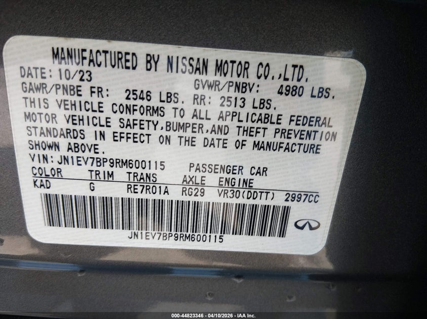 2024 Infiniti Q50 VIN JN1EV7BP9RM600115 IAAI salvage auction — RIGHT FRONT, Wait Title, sold $13,250 on 2026-07-15 (photo 9)