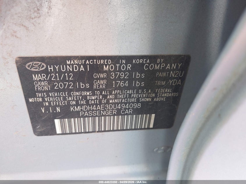2013 Hyundai Elantra VIN KMHDH4AE3DU494098 IAAI salvage auction — FRONT & REAR, Original (Kentucky), sold $400 on 2026-07-23 (photo 9)