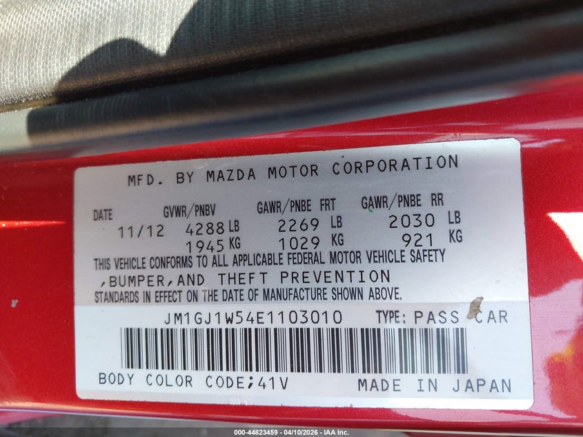 2014 Mazda 6 VIN JM1GJ1W54E1103010 IAAI salvage auction — FRONT END, Salvage Title, sold $400 on 2026-07-10 (photo 9)