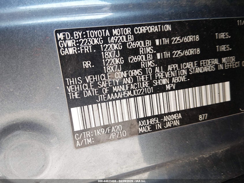 2021 Toyota Venza VIN JTEAAAAH5MJ022101 IAAI salvage auction — REAR END, Salvage - Greater Than 75% (Maryland), sold $8,625 on 2026-07-24 (photo 9)