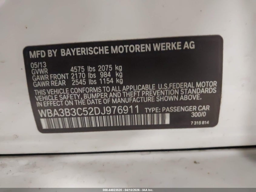2013 BMW 3er VIN WBA3B3C52DJ976911 IAAI salvage auction — FRONT END, Salvage Title, sold $650 on 2026-07-27 (photo 9)