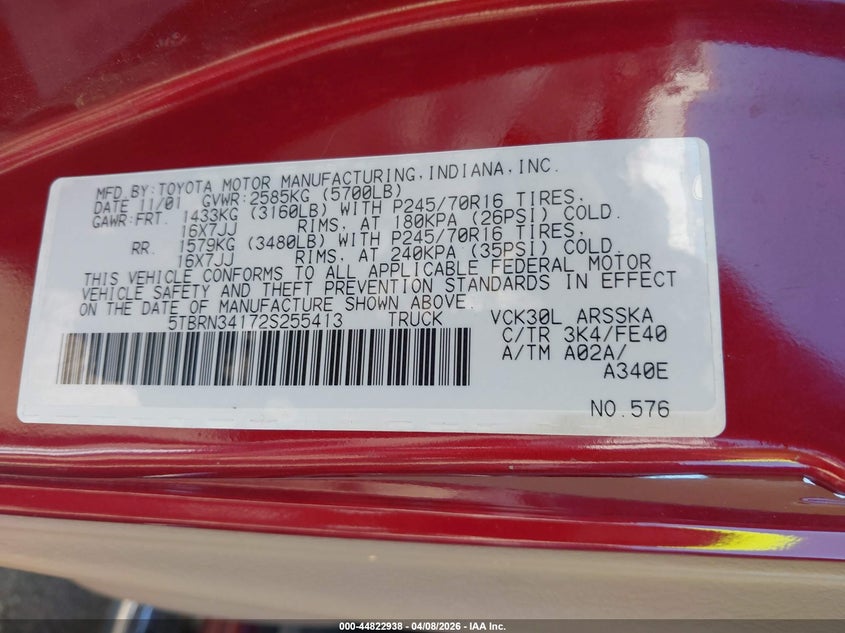 2002 Toyota Tundra VIN 5TBRN34172S255413 IAAI salvage auction — FRONT END, Clear (Oklahoma), sold $2,250 on 2026-08-01 (photo 9)