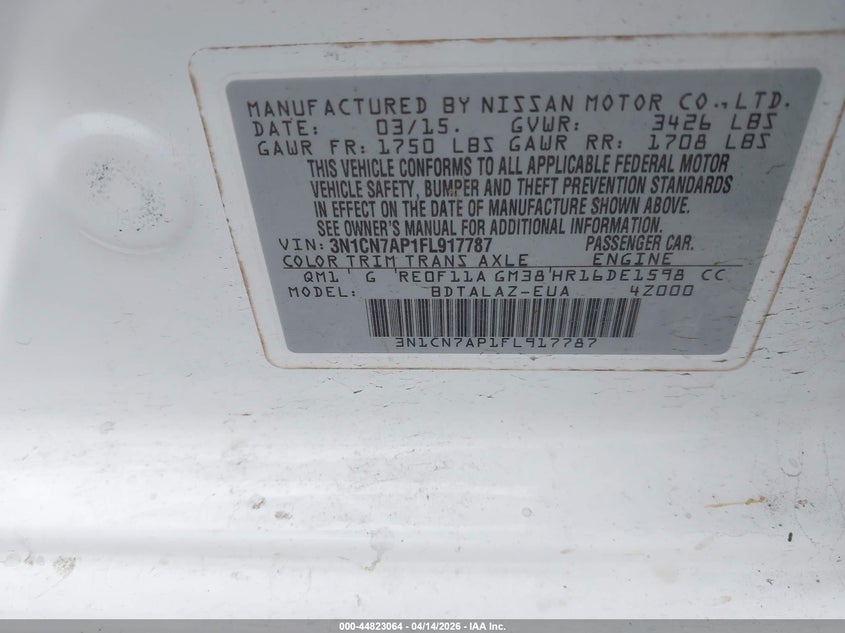 2015 Nissan Versa VIN 3N1CN7AP1FL917787 IAAI salvage auction — REAR END, Wait Title, sold $950 on 2026-07-21 (photo 9)