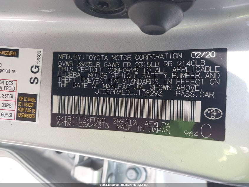2020 Toyota Corolla VIN JTDEPRAE0LJ108293 IAAI salvage auction — LEFT SIDE, Salvage Title, sold $4,000 on 2026-07-31 (photo 9)