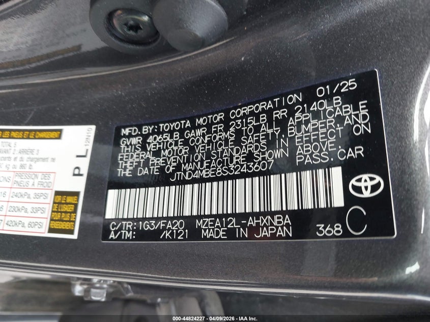 2025 Toyota Corolla VIN JTND4MBE8S3243607 IAAI salvage auction — FRONT END, Salvage (California), sold $6,600 on 2026-07-08 (photo 9)