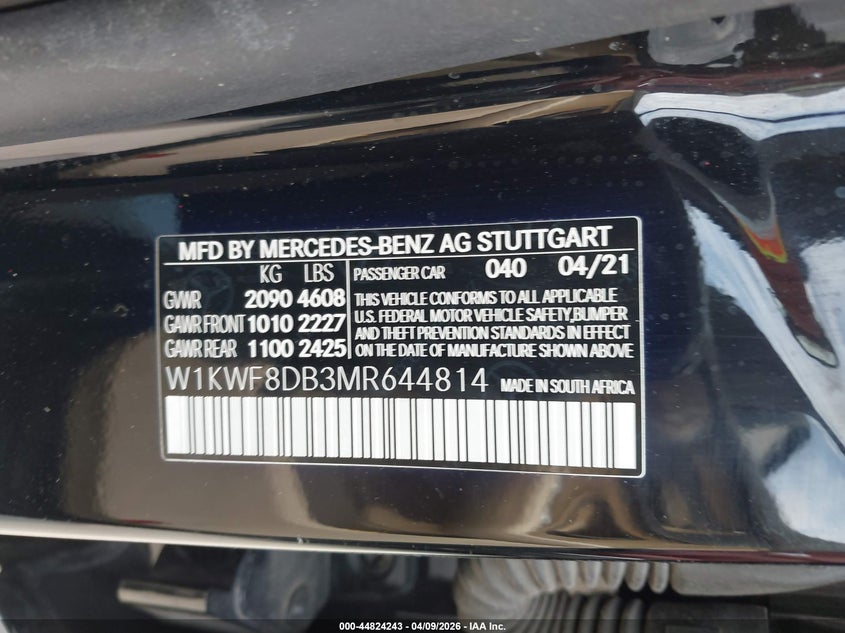 2021 Mercedes-benz C-klasse VIN W1KWF8DB3MR644814 IAAI salvage auction — EXTERIOR BURN, Salvage (Texas), sold $525 on 2026-07-28 (photo 9)