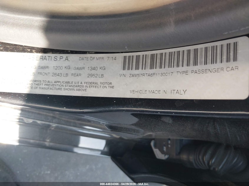 2015 Maserati Ghibli VIN ZAM57RTA6F1130017 IAAI salvage auction — FRONT END, Salvage Title, sold $1,450 on 2026-07-22 (photo 9)