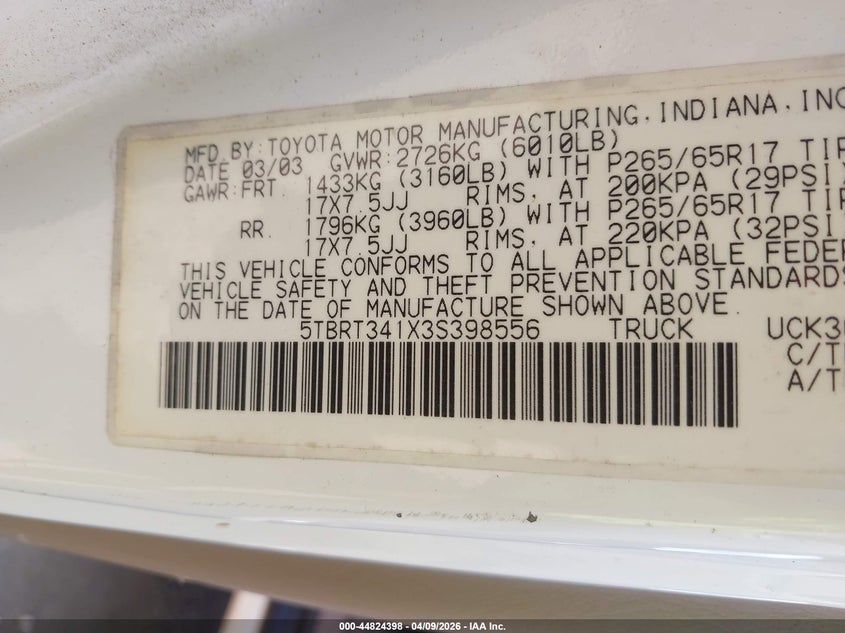 2003 Toyota Tundra VIN 5TBRT341X3S398556 IAAI salvage auction — RIGHT REAR, Original (Texas), sold $1,500 on 2026-07-22 (photo 9)