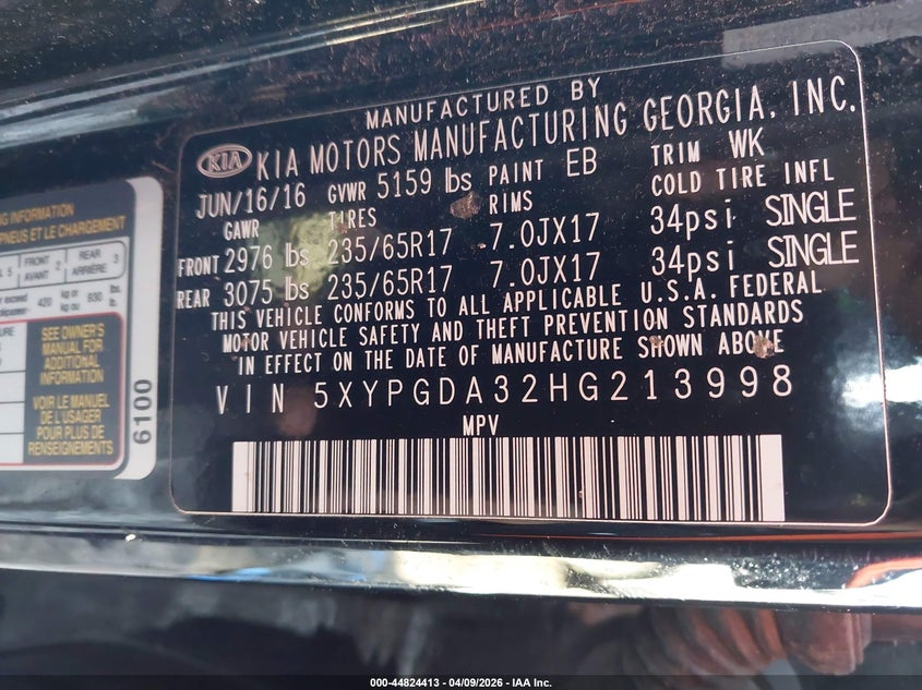 2017 Kia Sorento VIN 5XYPGDA32HG213998 IAAI salvage auction — FRONT END, Mv-907A (New York), sold $1,600 on 2026-07-23 (photo 9)