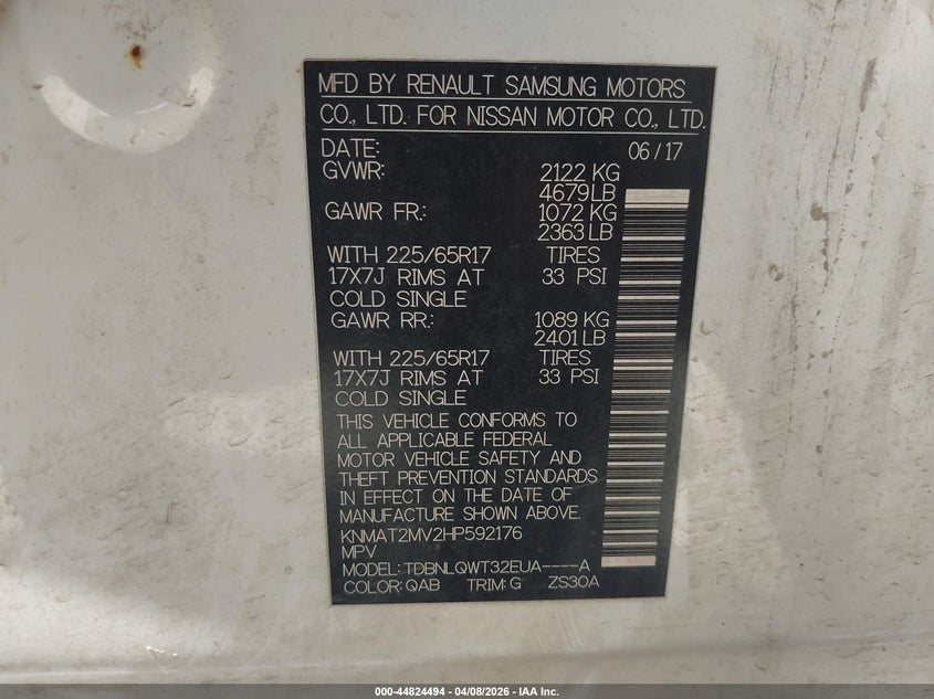 2017 Nissan Rogue VIN KNMAT2MV2HP592176 IAAI salvage auction — FRONT END, Salvage (Texas), sold $1,800 on 2026-07-13 (photo 9)
