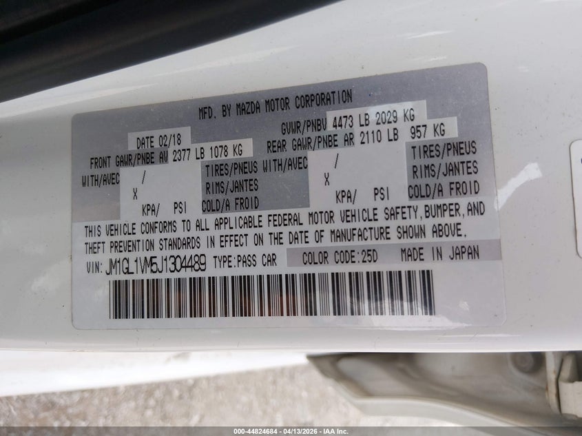 2018 Mazda 6 VIN JM1GL1VM5J1304489 IAAI salvage auction — FRONT END, Clear (Missouri), sold $1,750 on 2026-07-29 (photo 9)